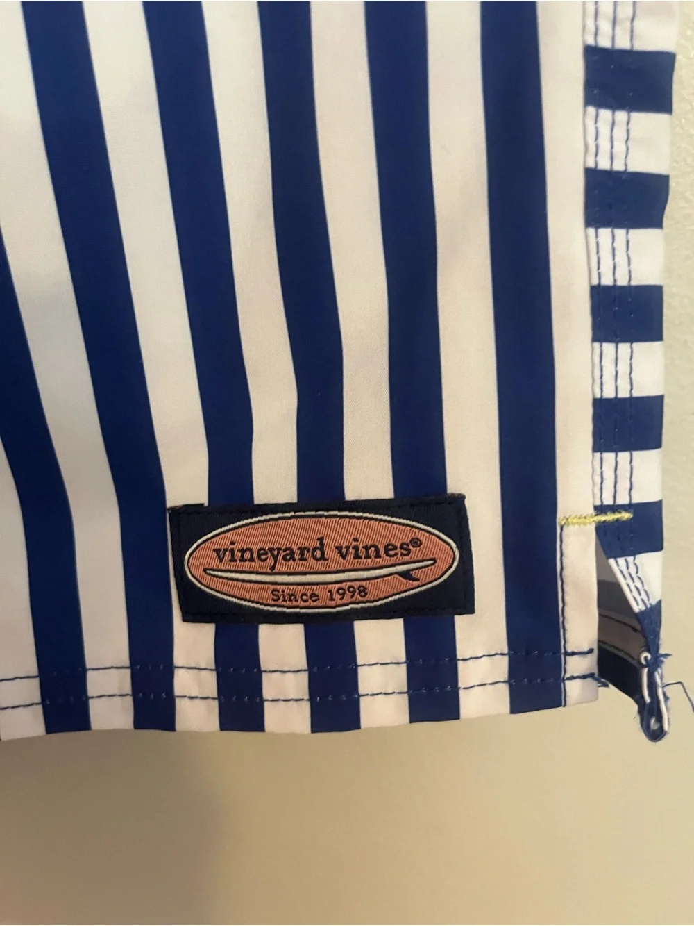 Vineyard Vines Blue & White Striped Kids Swim Trunks with Neon Yellow Drawstring